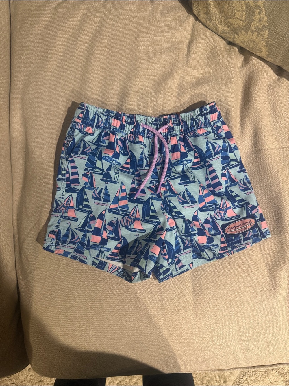Vineyard Vines Light Blue Swim Shorts with Navy & Pink Sailboats